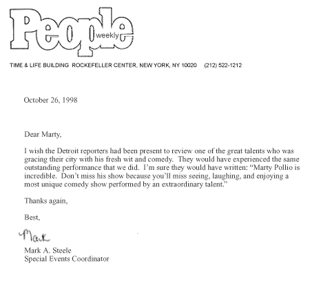 Corporate letter of recommendation from the staff of People Magazine