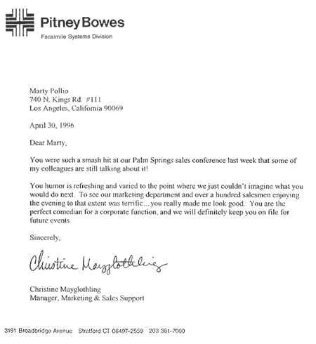 Corporate letter of recommendation from the Pitney Bowes Company